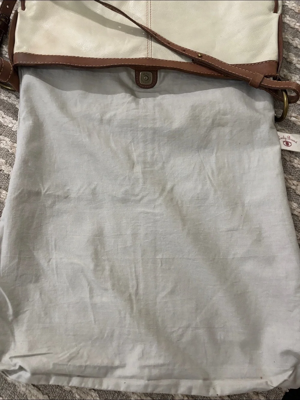 Lucky Brand Leather Crossbody Large Fold over Bag in Cream with Brown Trim -